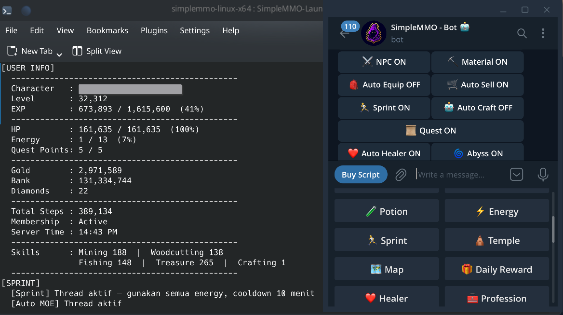 SimpleMMO Bot Telegram dashboard